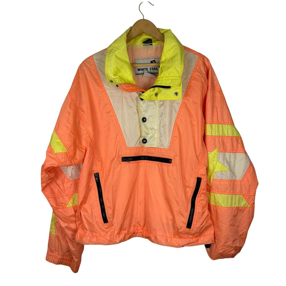 80s Vintage White Stag Neon Windbreaker Skiwear Rain Jacket Colorblock Retro M